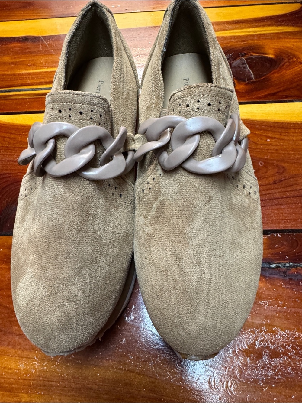 Pierre Dumas Taupe Suede Chain-Accent Women's Loafers